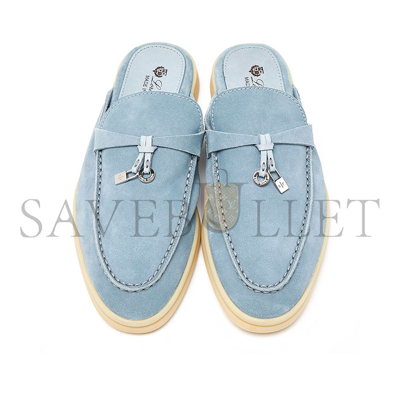 LORO PIANA BLUE SUEDE SUMMER CHARMS WALK MULES 